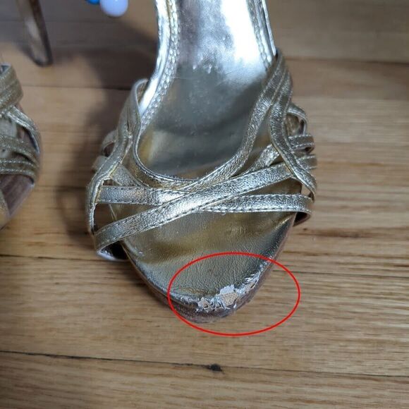 Mid 2000s Bebe Heels Sandals Gold Stiletto Beaded Platform Size 6 - Picture 7 of 11